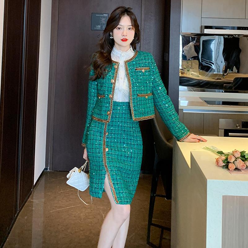 Elegant Green Tweed Coat Irregular Sheath Skirt Suit